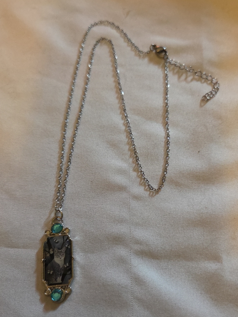 Silver-Tone Black Stone Cat Pendant Necklace with Teal Accents